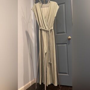 Anthropologie, Caution To The Wind Beige Striped Jumpsuit pale green and white.